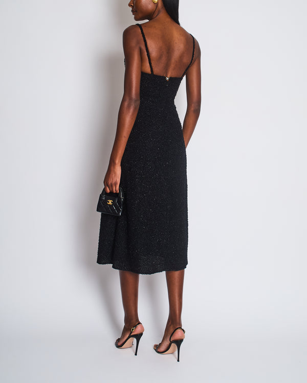 Chanel Black Metallic Tweed Straight Midi Dress with Pocket Detail and CC Crystal Clip Size FR 34 (UK 6)