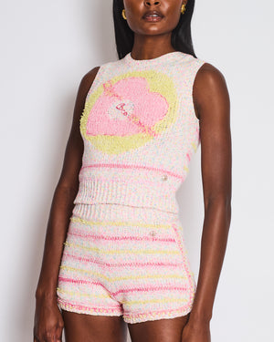 Chanel 24C Resort Pastel Pink & Yellow Sleeveless Knit Jumper and Shorts Set with Cupid Heart "Coco" Detail Top Size FR 34 (UK 6)