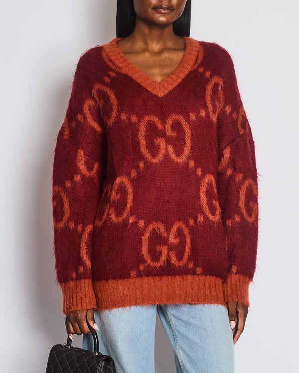 Gucci Burgundy Mohair V-Neck Jumper with GG Details Size S (UK 8)