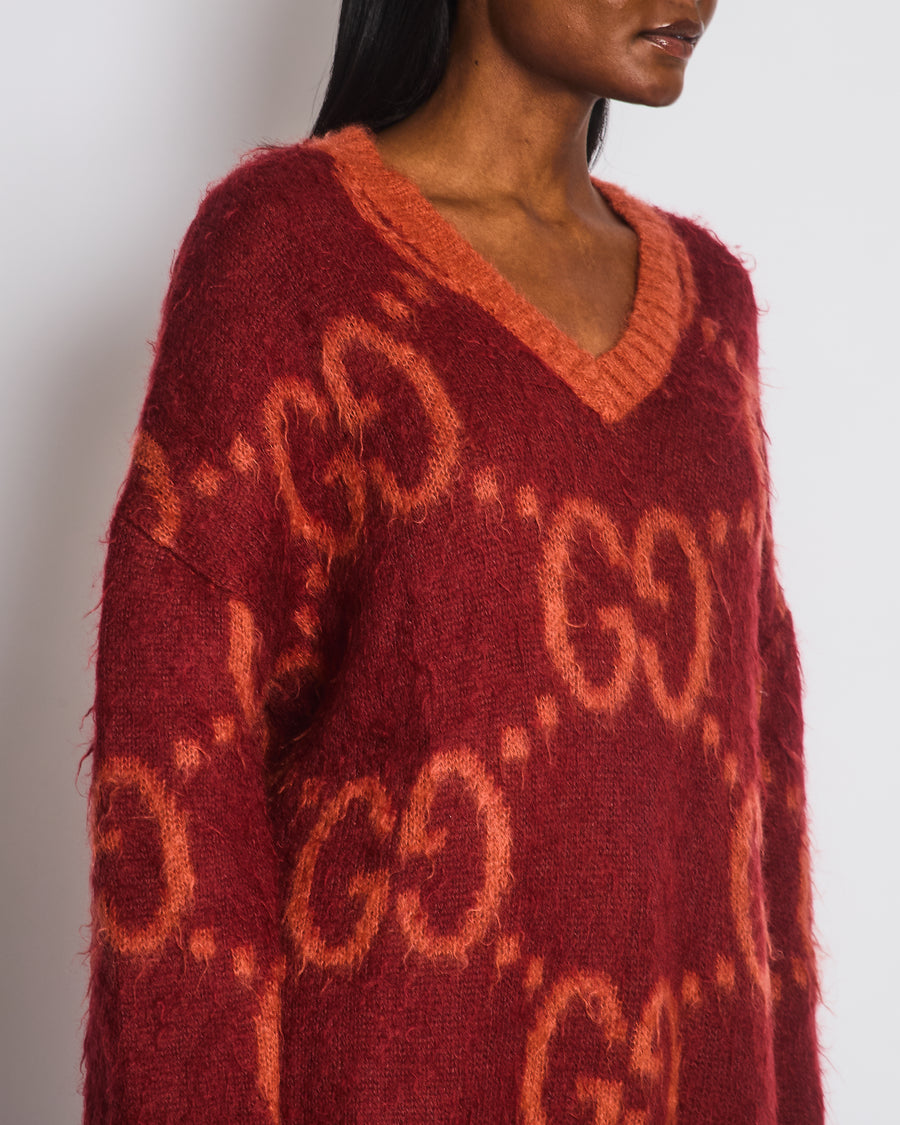 Gucci Burgundy Mohair V-Neck Jumper with GG Details Size S (UK 8)