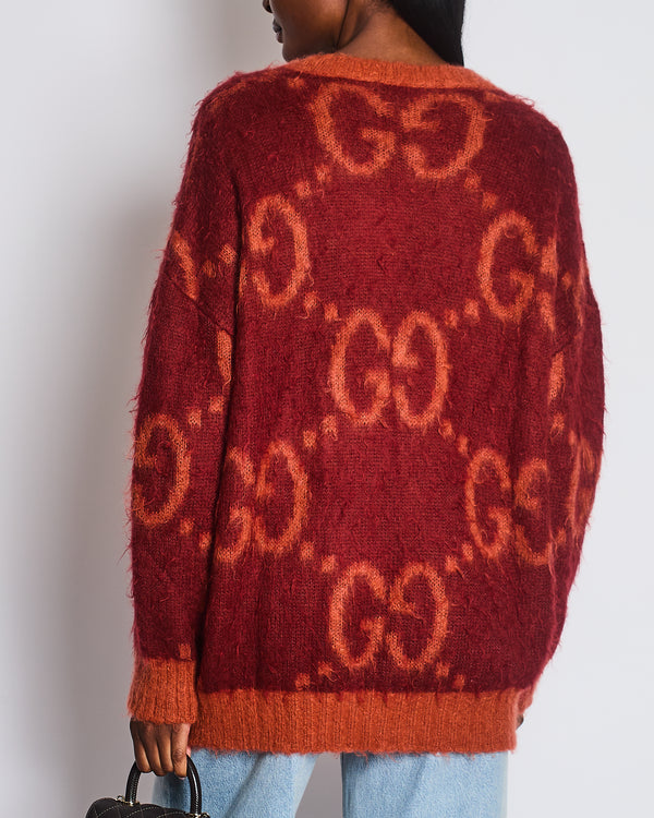 Gucci Burgundy Mohair V-Neck Jumper with GG Details Size S (UK 8)