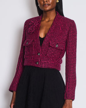 Chanel Black and Pink Tweed Cropped Collarless Jacket with Camellia Buttons and Brooch Detail Size FR 34 (UK 6)