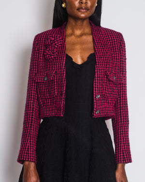 Chanel Black and Pink Tweed Cropped Collarless Jacket with Camellia Buttons and Brooch Detail Size FR 34 (UK 6)