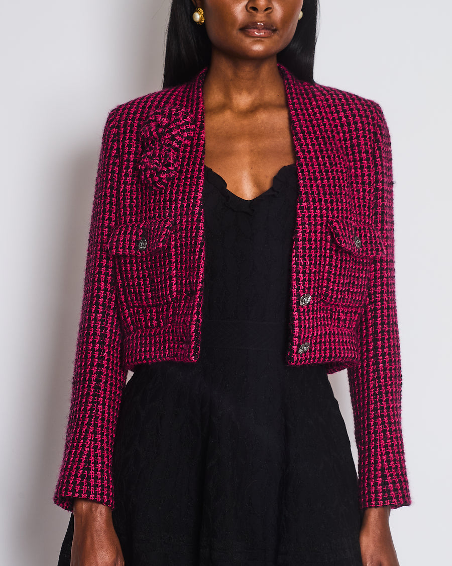 Chanel Black and Pink Tweed Cropped Collarless Jacket with Camellia Buttons and Brooch Detail Size FR 34 (UK 6)