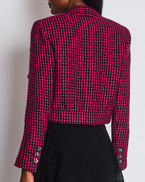 Chanel Black and Pink Tweed Cropped Collarless Jacket with Camellia Buttons and Brooch Detail Size FR 34 (UK 6)