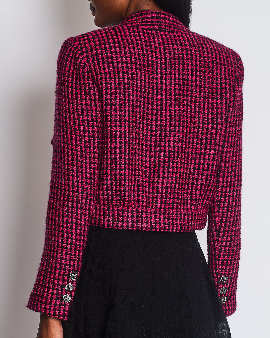 Chanel Black and Pink Tweed Cropped Collarless Jacket with Camellia Buttons and Brooch Detail Size FR 34 (UK 6)