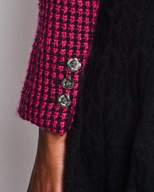 Chanel Black and Pink Tweed Cropped Collarless Jacket with Camellia Buttons and Brooch Detail Size FR 34 (UK 6)