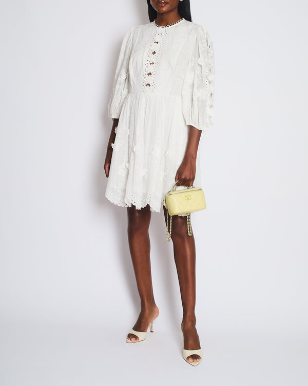 Zimmermann White Rosa Embroidered Long-Sleeve Mini Dress with 3D Flowers Size 4 (UK 16)