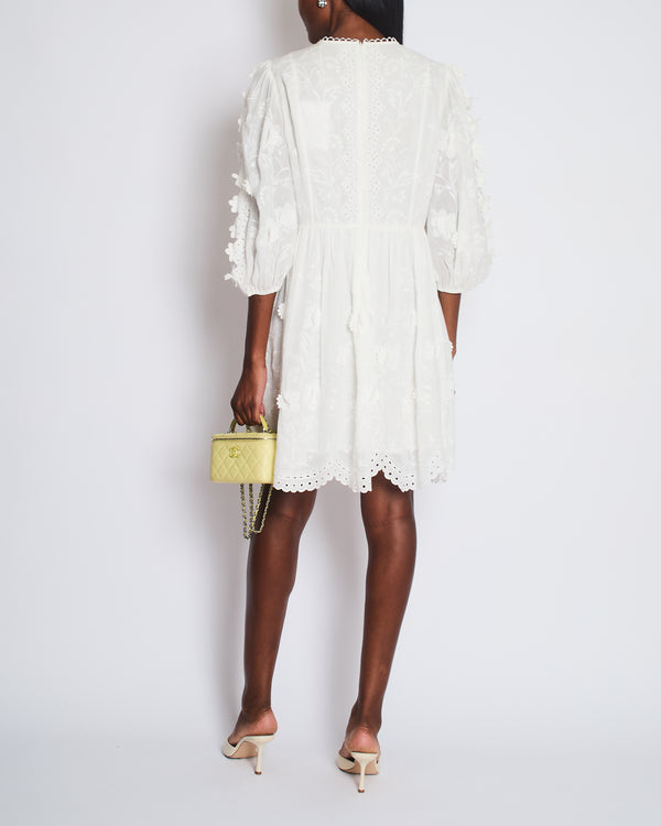 Zimmermann White Rosa Embroidered Long-Sleeve Mini Dress with 3D Flowers Size 4 (UK 16)