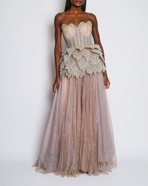Sophie Couture Light Grey Hand Beaded Strapless Bodice Gown with Silver Leaf Embellishments  IT 40 (UK 8)