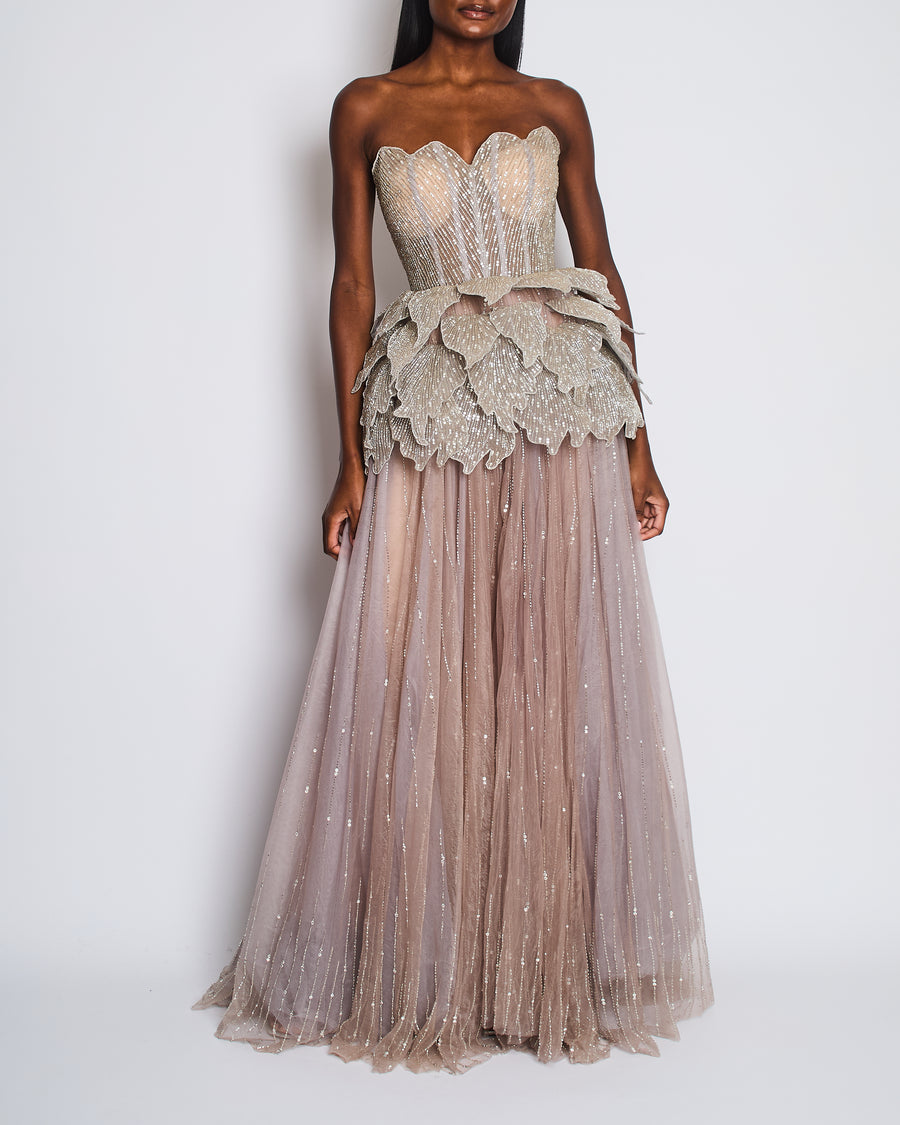 Sophie Couture Light Grey Hand Beaded Strapless Bodice Gown with Silver Leaf Embellishments  IT 40 (UK 8)