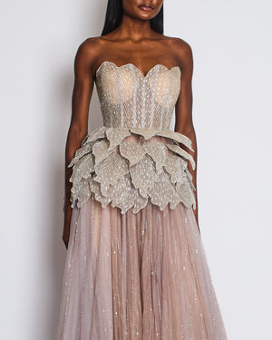 Sophie Couture Light Grey Hand Beaded Strapless Bodice Gown with Silver Leaf Embellishments  IT 40 (UK 8)
