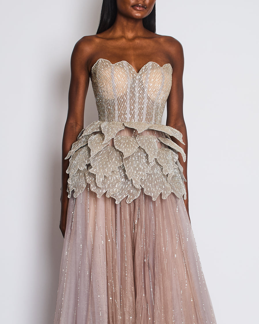 Sophie Couture Light Grey Hand Beaded Strapless Bodice Gown with Silver Leaf Embellishments  IT 40 (UK 8)