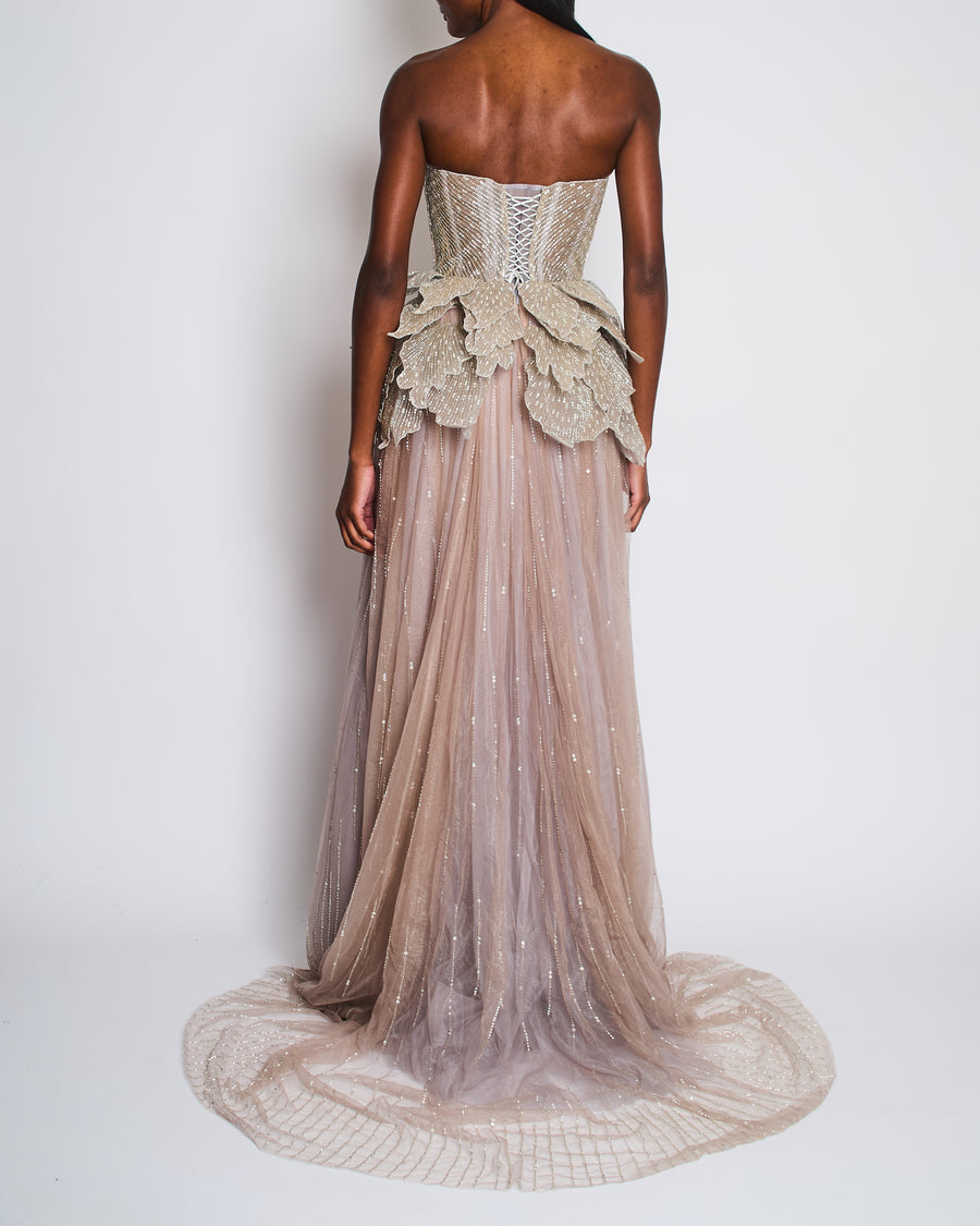 Sophie Couture Light Grey Hand Beaded Strapless Bodice Gown with Silver Leaf Embellishments  IT 40 (UK 8)