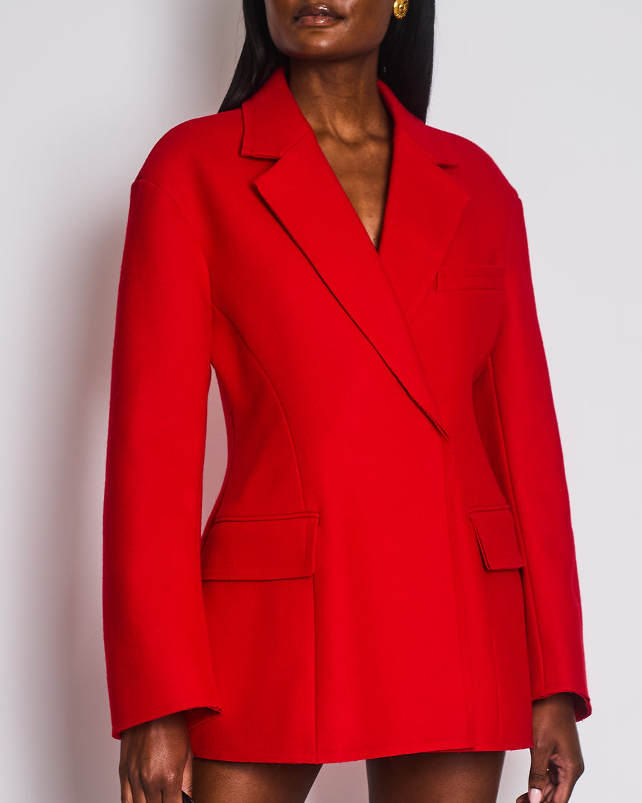 Jason Wu Collection Red Double-Breasted Felt Blazer with Raw Hem Details Size US 6 (UK 8) RRP $3595