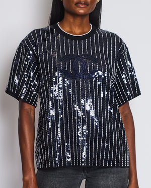 Chanel Spring/Summer 2023 Navy and White Striped Sequins T-Shirt with CC Logo Size FR 40 (UK 12)