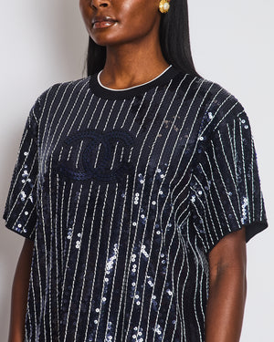 Chanel Spring/Summer 2023 Navy and White Striped Sequins T-Shirt with CC Logo Size FR 40 (UK 12)