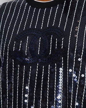 Chanel Spring/Summer 2023 Navy and White Striped Sequins T-Shirt with CC Logo Size FR 40 (UK 12)