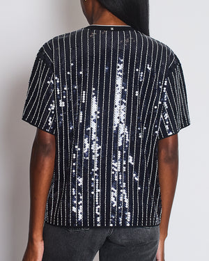 Chanel Spring/Summer 2023 Navy and White Striped Sequins T-Shirt with CC Logo Size FR 40 (UK 12)