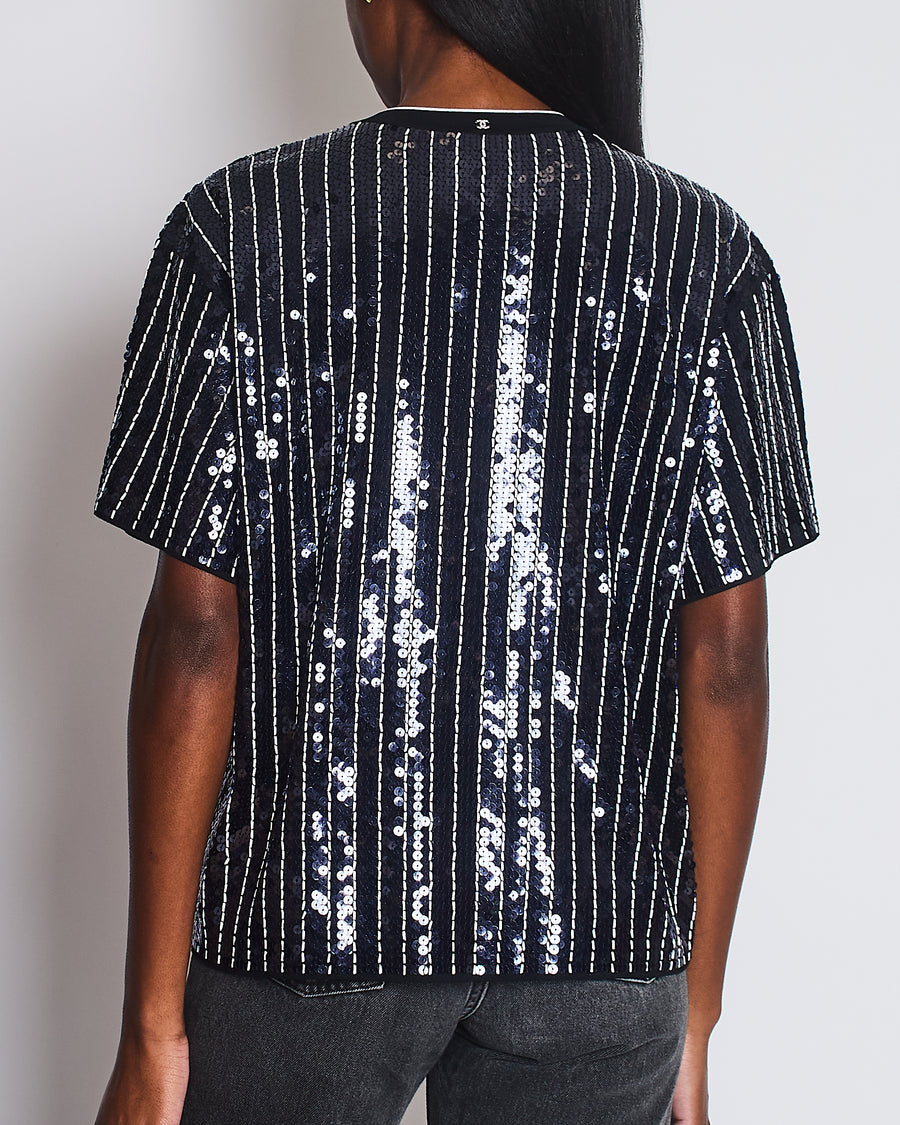 Chanel Spring/Summer 2023 Navy and White Striped Sequins T-Shirt with CC Logo Size FR 40 (UK 12)