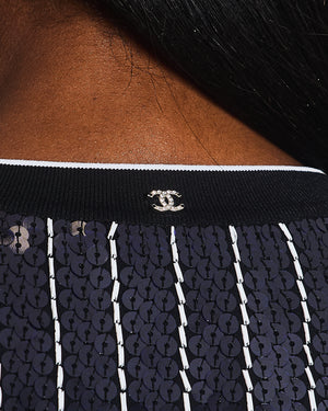 Chanel Spring/Summer 2023 Navy and White Striped Sequins T-Shirt with CC Logo Size FR 40 (UK 12)