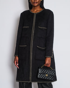 *HOT* Chanel 19A Black Llama & Wool Coat with Gold Chain Trim and CC Buttons Size FR 44 (UK 12) RRP £6,730