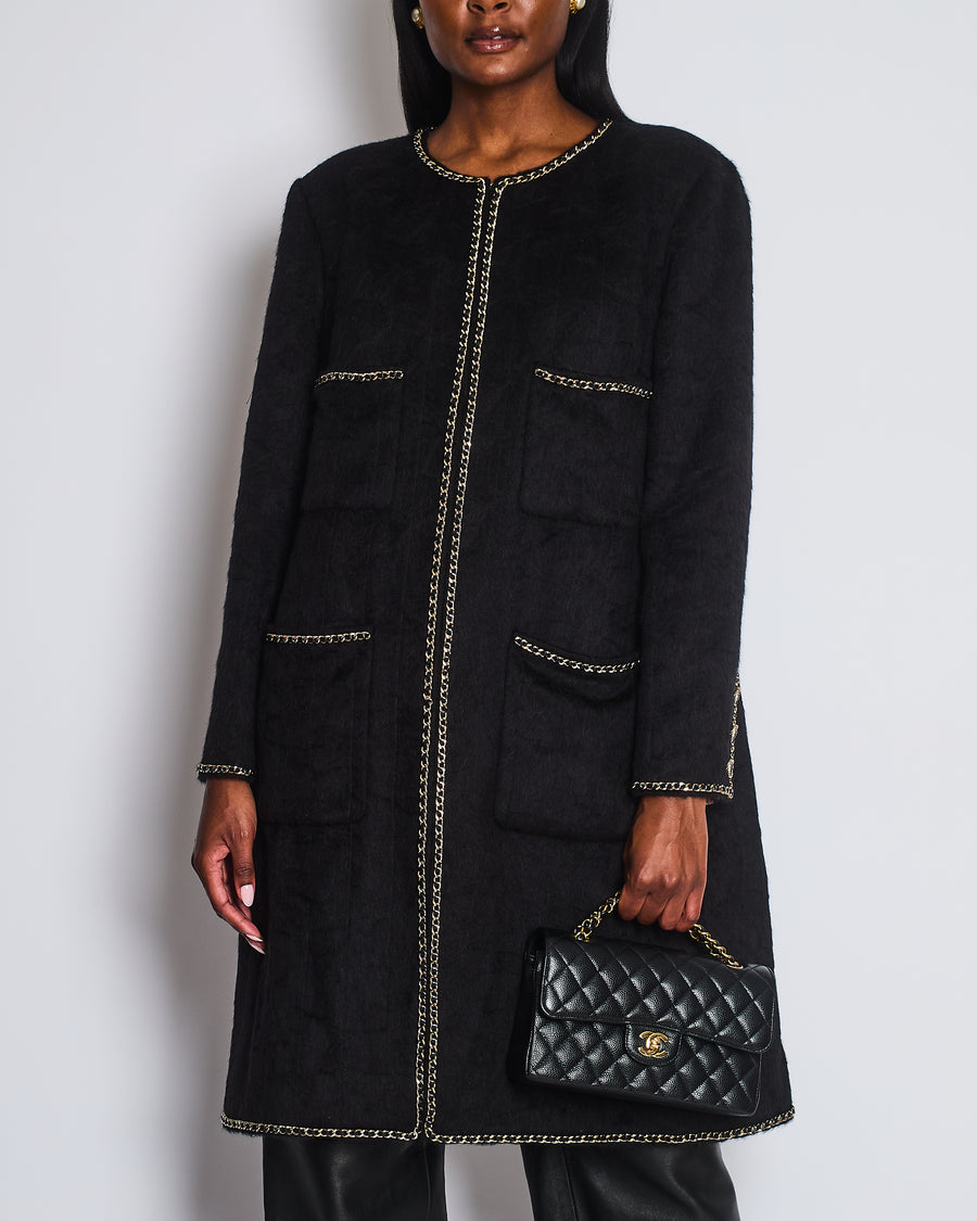 *HOT* Chanel 19A Black Llama & Wool Coat with Gold Chain Trim and CC Buttons Size FR 44 (UK 12) RRP £6,730