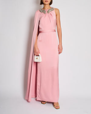 Alexander McQueen Pink Cape-Shoulder Satin Gown with Crystal Neckline & Belt Detail Size IT 42 (UK 10)