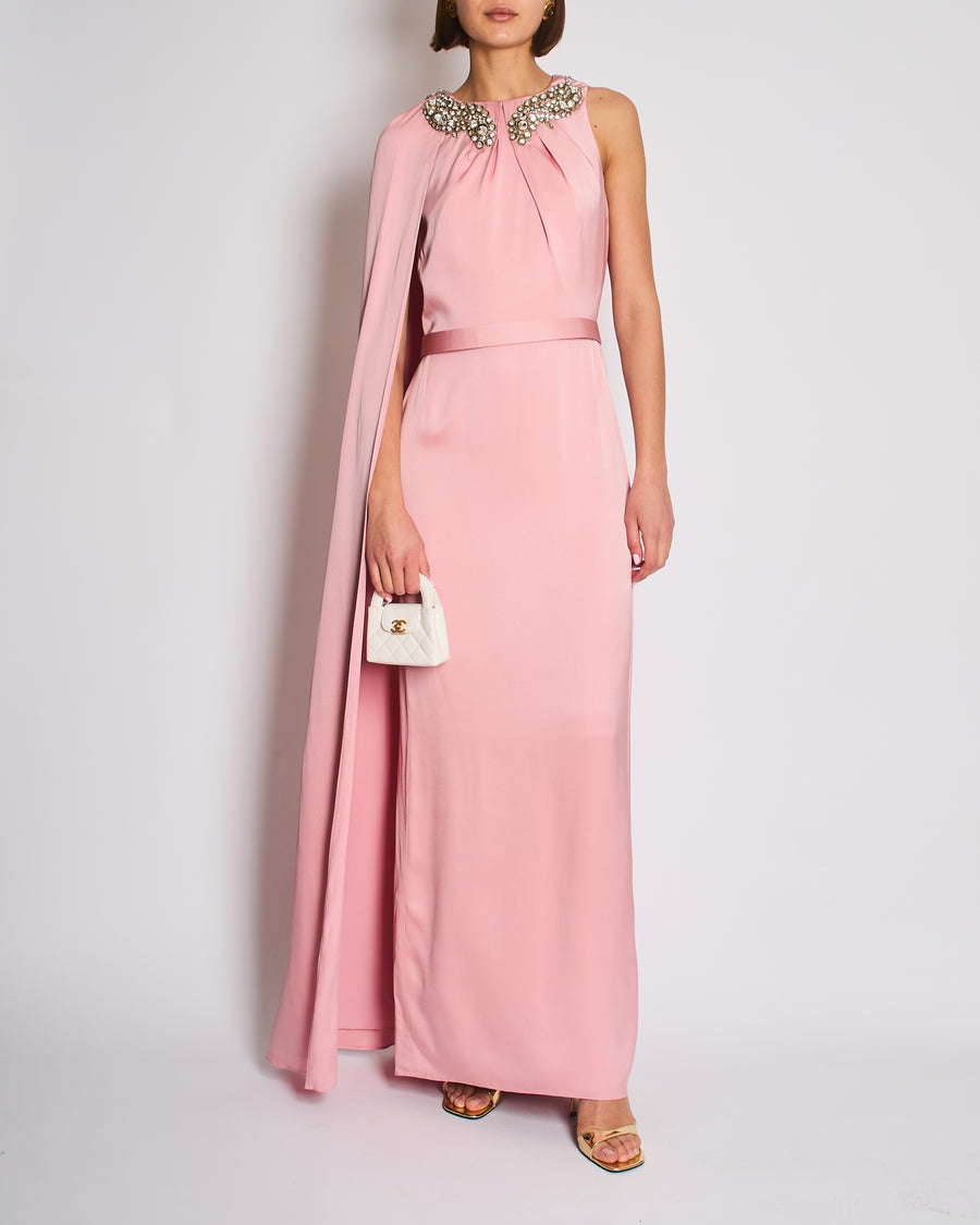 Alexander McQueen Pink Cape-Shoulder Satin Gown with Crystal Neckline & Belt Detail Size IT 42 (UK 10)