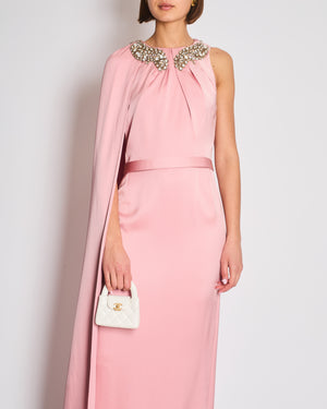Alexander McQueen Pink Cape-Shoulder Satin Gown with Crystal Neckline & Belt Detail Size IT 42 (UK 10)