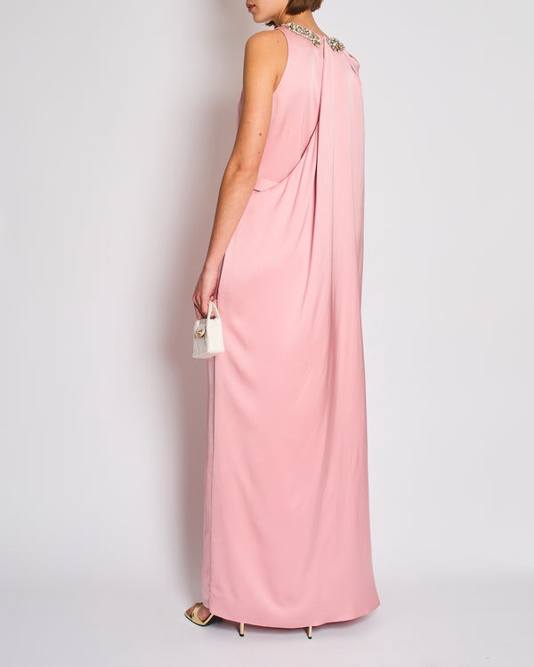 Alexander McQueen Pink Cape-Shoulder Satin Gown with Crystal Neckline & Belt Detail Size IT 42 (UK 10)