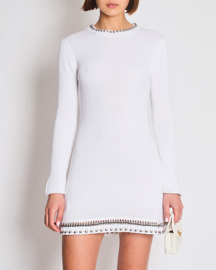 Paco Rabanne White Knitted Long Sleeve Dress with Silver Studs Detail Size M (UK 10)