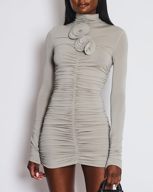 Magda Butrym Grey Ruched Stretch-Jersey Mini Dress with 3D Flower Appliqué Size FR 36 (UK 8)
