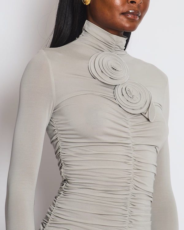 Magda Butrym Grey Ruched Stretch-Jersey Mini Dress with 3D Flower Appliqué Size FR 36 (UK 8)