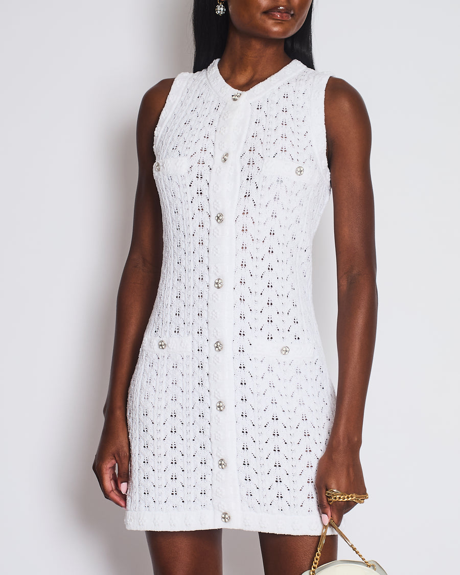 Chanel 24P White Knit Button Down Mini Dress with Pocket and CC Buttons Size FR 34 (UK 6)