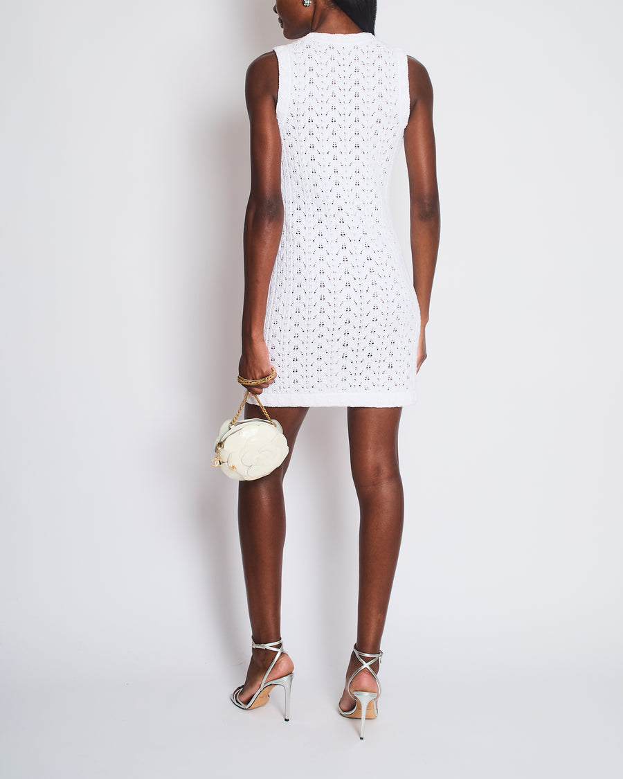 Chanel 24P White Knit Button Down Mini Dress with Pocket and CC Buttons Size FR 34 (UK 6)