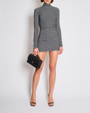 Norma Kamali Black and beige Houndstooth Ruched Long Sleeve Mini Dress Size S (UK 8)