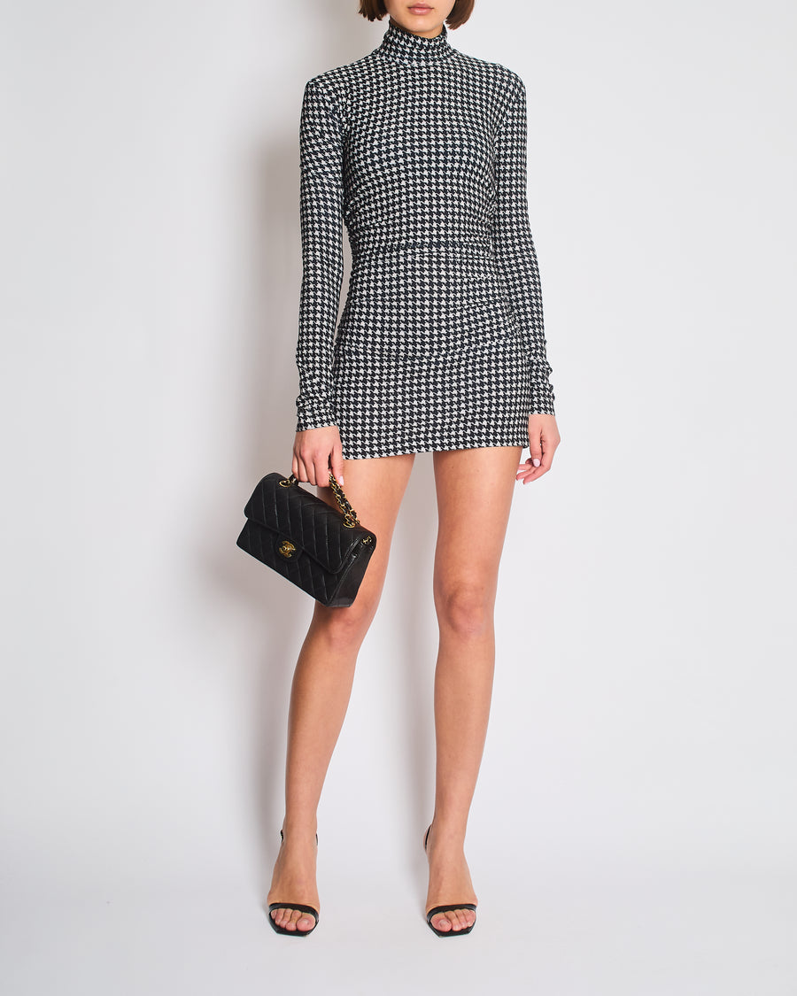 Norma Kamali Black and beige Houndstooth Ruched Long Sleeve Mini Dress Size S (UK 8)