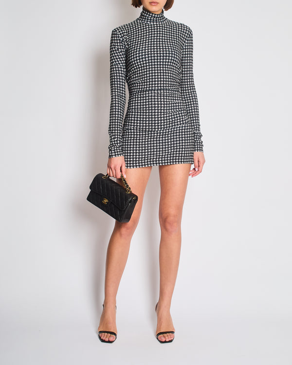 Norma Kamali Black and beige Houndstooth Ruched Long Sleeve Mini Dress Size S (UK 8)
