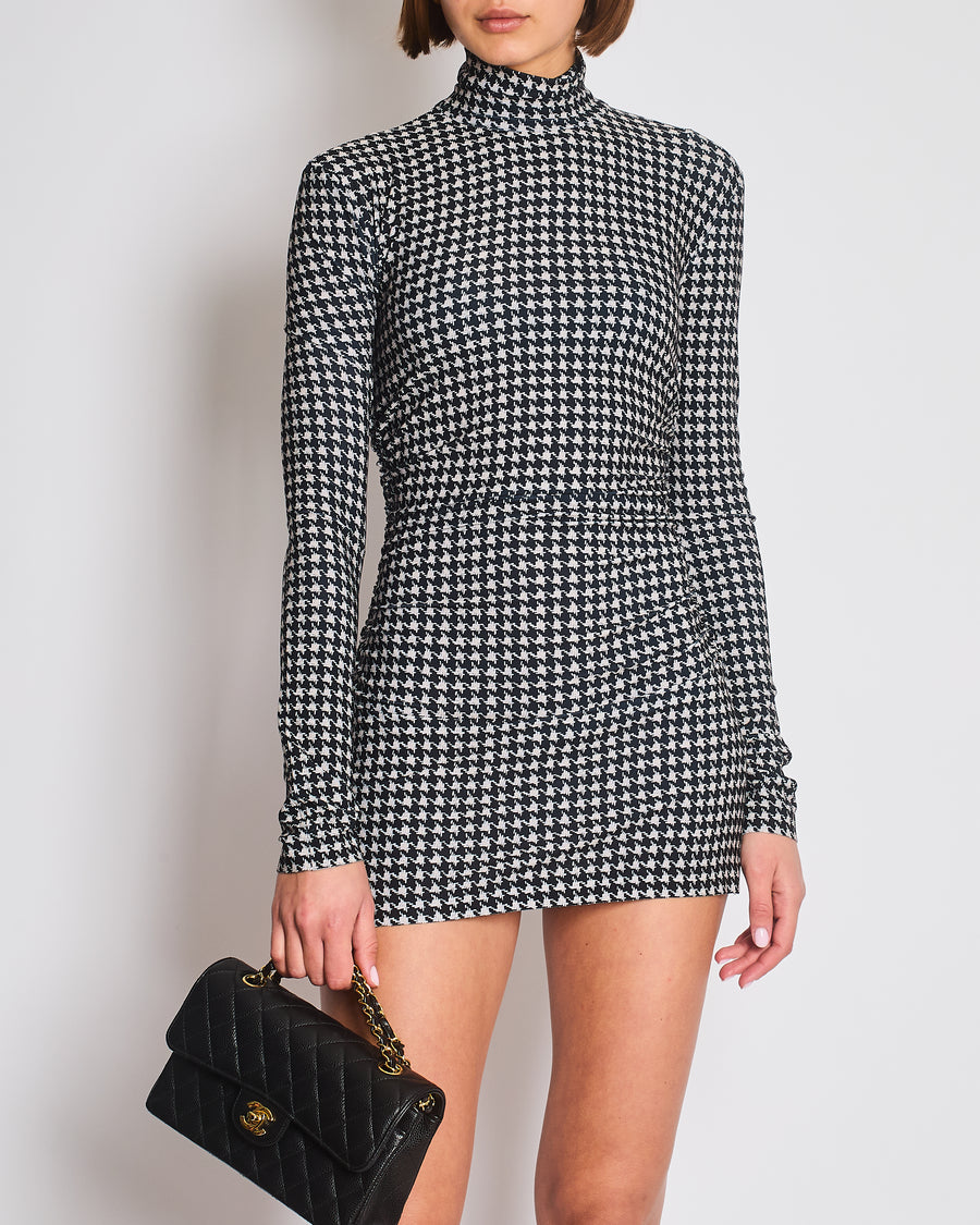 Norma Kamali Black and beige Houndstooth Ruched Long Sleeve Mini Dress Size S (UK 8)