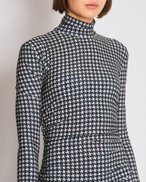 Norma Kamali Black and beige Houndstooth Ruched Long Sleeve Mini Dress Size S (UK 8)