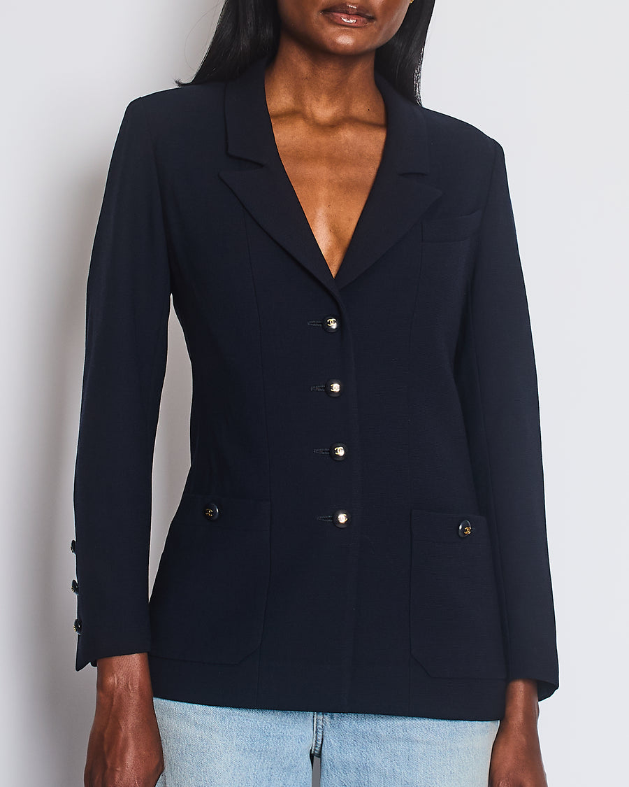 Chanel Vintage Navy Jacket with Black and Gold CC Buttons and Pocket Detail Size FR 38/40 (UK 10/12)
