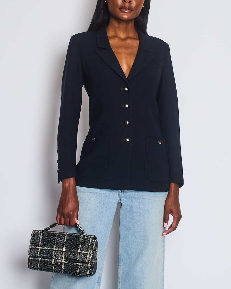 Chanel Vintage Navy Jacket with Black and Gold CC Buttons and Pocket Detail Size FR 38/40 (UK 10/12)