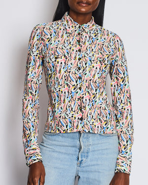 Chanel Spring 1995 White Button Down Shirt with Multicolour Shoe and Logo Print with Black and Gold CC Buttons Detail Size FR 36 (UK 8)