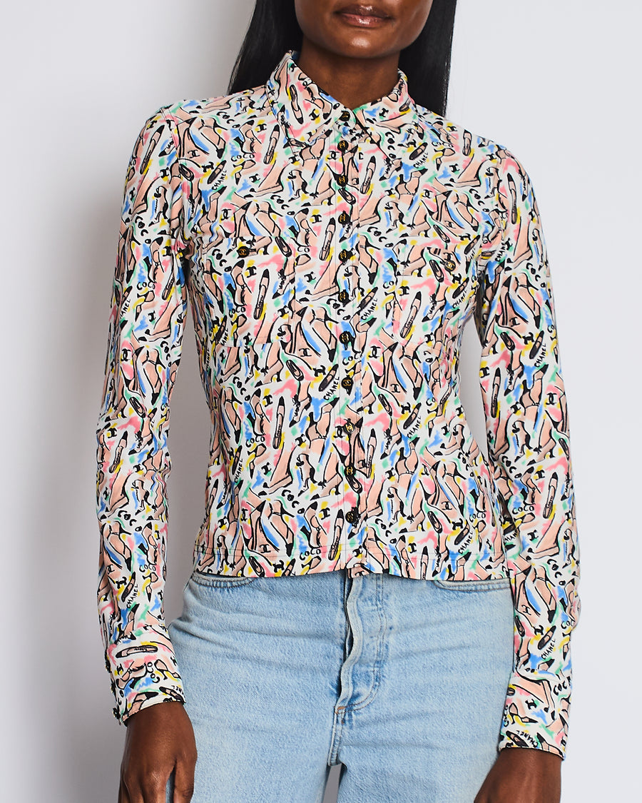 Chanel Spring 1995 White Button Down Shirt with Multicolour Shoe and Logo Print with Black and Gold CC Buttons Detail Size FR 36 (UK 8)