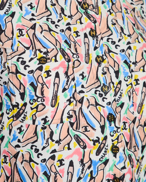 Chanel Spring 1995 White Button Down Shirt with Multicolour Shoe and Logo Print with Black and Gold CC Buttons Detail Size FR 36 (UK 8)