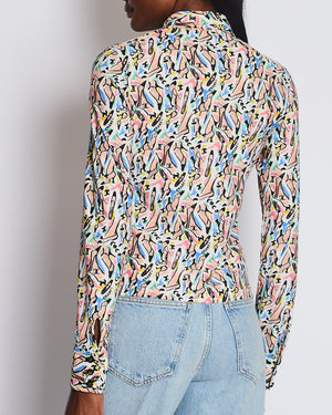 Chanel Spring 1995 White Button Down Shirt with Multicolour Shoe and Logo Print with Black and Gold CC Buttons Detail Size FR 36 (UK 8)