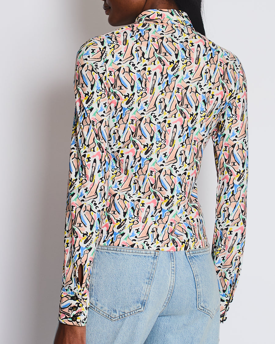 Chanel Spring 1995 White Button Down Shirt with Multicolour Shoe and Logo Print with Black and Gold CC Buttons Detail Size FR 36 (UK 8)