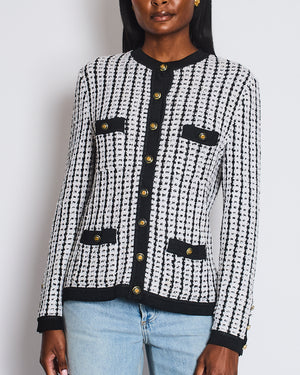 Chanel Spring 1997 Black and White Cardigan with Gold and Transparent CC Buttons Detail Size FR 38 (UK 10)
