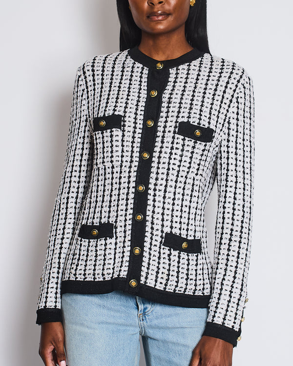 Chanel Spring 1997 Black and White Cardigan with Gold and Transparent CC Buttons Detail Size FR 38 (UK 10)